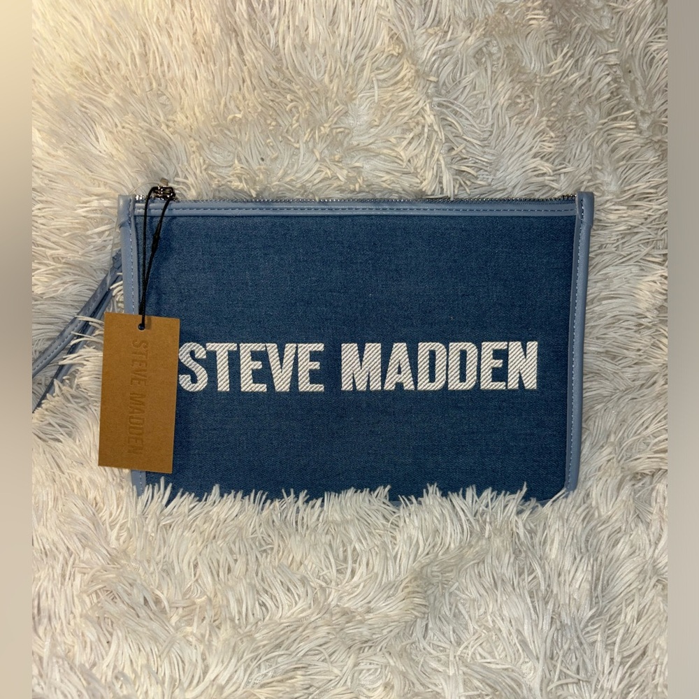 Steve Madden Blue Denim Logo Wristlet
